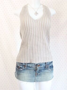 DKNY Cream Ribbed V-Neck Tank Top